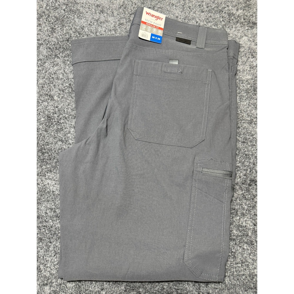 Wrangler Tech Pants Mens 36x29 Gray Regular Fit Water Repellent Cargo Hiking NWT